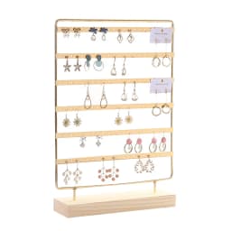 Metal 6 Layers Earring Display Holder Ear Stud Display Rack Wood Base 3-Tiers 69 Holes Jewelry Storage Organizer Stand Reusable