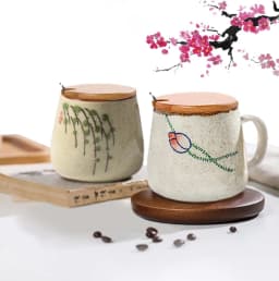 YWDL 350ml Japanese Ceramic Coffee Mug With Lid And Spoon Milk Breakfast Cups Home Heat-resistant Teacup Tumbler Water Mug Gift