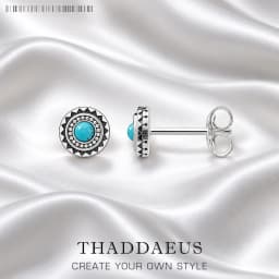 Round Turquoise Ethno Studs Earrings Pure 925 Sterling Silver Vintage Jewerly Gift For Women Men