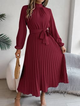 Solid Stand up Collar Bridesmaid Dress Spring Summer Casual Elegant Long Sleeve Waist Cinched Pleated Long Dresses for Women