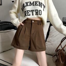 Women Office Lady Summer 2025 Solid Brown Thick High Waist Shorts Korean Style Wide Leg Boot Pants