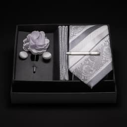 JEMYGINS New Designer Silver Gray Ties For Men Wedding Party Neck Tie Pocket Square Cufflink Pin Gift Box Set Gravat Accessories