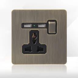 Retro Metal Brushed Antique Stainless Steel Push Button Switch Panel UK 13A Socket with USB Phone Charging for Home Improvement