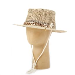 Panama Straw Sun Hat Wide Brim UPF50+ Foldable, Navy & Beige Contrast Beach Hat Adjustable Chin Strap Women Summer