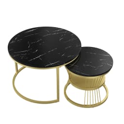 Rosahqnda Marble Look Coffee Table,Round Gold/Black Frame,Set of 2,Modern Living Room Stackable Table,Side Table for Living Room