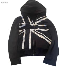 Y2K Cropped Zip Up Hoodie British Flag Raw Edge Patchwork Hooded Jacket Streetwear Gothic Grunge Loose Short Sweatshirt Coat