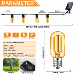 Outdoor Solar String Light Waterproof E12 Glass T22 Amber Bulbs 1W LED Retro Patio Lights for Outside Backyard Bistro Garden