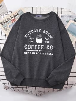 Witches Brew Coffee Letter Printing Simple Autumn Womens Sweatshirts Casual Fleece Long Sleeves Warm All-Match Woman Pullover
