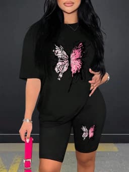 Beautiful Butterfly Pattern Print For Women Short Sleeved Shorts Set Soft Essential Two Piece Set Sports Comfortable Shorts Sets