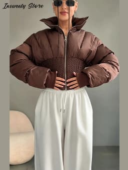 Fashion Solid Padded Coats Women's Stand Collar Full Sleeve Zipper Waist-cinching Warm Jacket 2026 Winter New Lady Outerwear