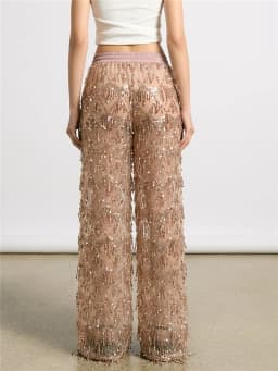 Glitter Sequin Fringe Mesh See Through Wide Leg Pants Elastic Waist Drawstring Sheer Palazzo Trousers Beach Party Club Cover Up