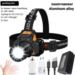 Super Bright LED Headlamp Fishing Headlight Portable Flashlight ZOOM Sensor Rechargeable Outdoor Waterproof Camping Hunting 20W