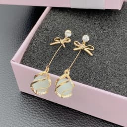 Trendy Metal Frame Dangle Opal Earrings for Women Golden Rhinestones Bow Knot Drop Earrings Wedding Party Long Jewelry Gift