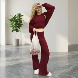 Wolfeel Women's Knitted Three Piece Ribbed Sleeveless Crop Top Long Sleeved and Long Pants Set Suitable for Casual Daily Wear