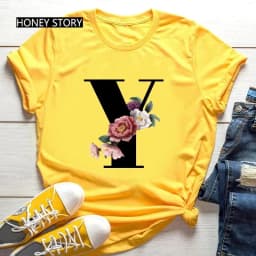 Large Size Yellow T-shirt for Men And Women with Black Fashion Trend Print of Flowers 26 English Letters Casual Short Sleeve Top