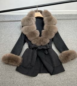 Lagabogy 2025 Large Natural Fox Fur Collar Cuffs Winter Cashmere Wool Blends Women Slim Fit Suit Double Sided Woolen Trench Coat