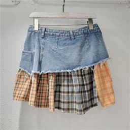 Women Plaid Denim Patchwork Streetwear Irregular A-line Mini Skirt 2025 Summer Street Female Classic Jeans Cargo Skirts