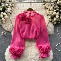 Sexy Puff Sleeve Long Sleeve O-Neck 3D Floral Pleated Blouse Slim Elegant Fashion Basic Chic Spring Summer Women Chiffon Shirt
