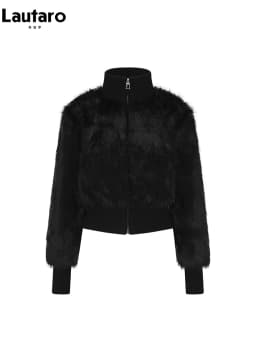 Lautaro Spring Winter Short Black Soft Thick Warm Hairy Faux Fur Coat Women Zip Up Luxury Designer Clothes Fluffy Jacket 2025