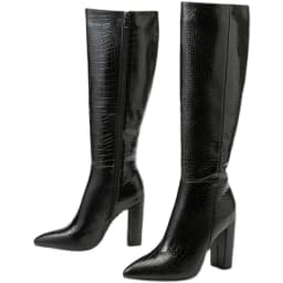 Aneikeh Pointed Thick Heels Knee Long Boots Women's 2025 Spring/Autumn Patent Leather Crocodile Pattern Panel Side Zipper Boots
