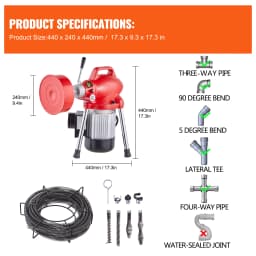 SucceBuy Drain Cleaner Machine 66FT 250W Electric Sewer Snake Auger Manual Feed Pipe Cleaner with 2 Sectional Steel Cables