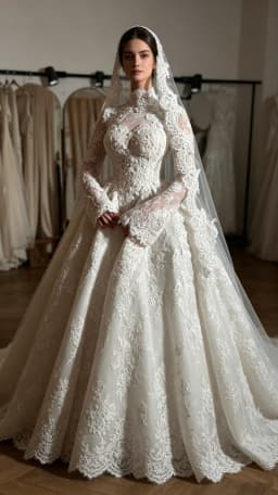 Custom Luxury High Neck Long Sleeve Lace Ball Gown Wedding Dress Cathedral Train Modest Muslim Bridal Gown Vestido De Novia