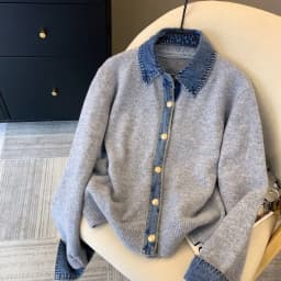 Chic Denim Collar Stitching Fake Two-piece Sweater Women's Cardigan New Single Breasted Knitted Jacket Coat Female Outwear