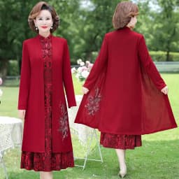 Spring Mom Windbreaker Dress Two Piece Set With Middle aged and Elderly Women's Autumn Dress, High end Long sleeved Dress Sets