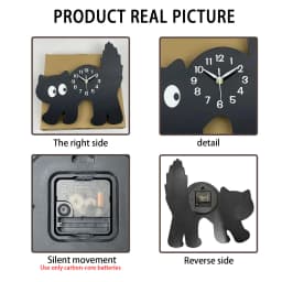 A Fun and Cute Little Black Cat Crystal Porcelain Wooden Wall Clock for Living Room, Bedroom, Kitchen, Home Decoration, Silent Quartz Clock, Holiday Gift 12inch 14inch (No Battery)