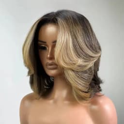 100% Virgin Human Hair Ombre Ash Blonde Highlight Layered Cut Bob Body Wave 5x5 Glueless Lace Closure Wig with Pre-Plucked Hairline 16Inches