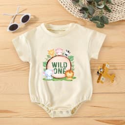 Wild One Animal Printed Short Sleeve Bubble Romper Newborn Oversized Jumpsuit Infant Birthday Party Clothes Baby Shower Bodysuit