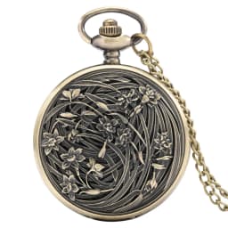 Vintage Bronze Flowers Quartz Analog Pocket Watch Gift Men Women Necklace Pendant Pocket Clock Arabic Numerals Dial Retro Watch