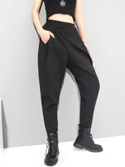 [EAM] High Elastic Waist Black Brief Long Harem Trousers New Loose Fit Pants Women Fashion Tide Spring Autumn 2026 1DC419