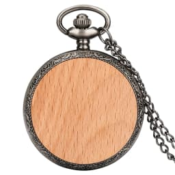 Walnut/Beech Wood Slice Decor Quartz Pocket Watch Grey Black Alloy Metal Watch Case Arabic Numerals Dial Pendant Necklace Watch