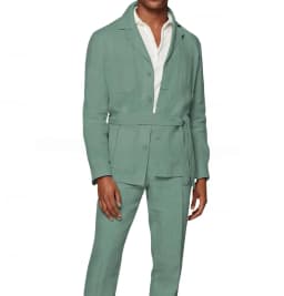 New 2 Pieces Linen Men's Suits With Belt Tuxedo Summer Casual Style Groomsmen For Wedding(Blazer+Pants)