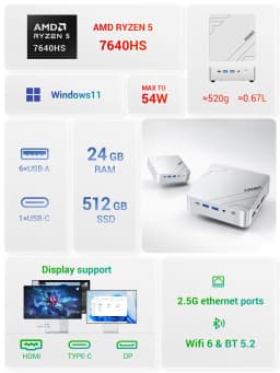 FIREBAT F1 MINI PC AMD Ryzen 5 7640HS LPDDR5 24GB RAM 512GB SSD WIFI6 BT5.2 Portable MINI-PC Windows 11  Desktop Computer