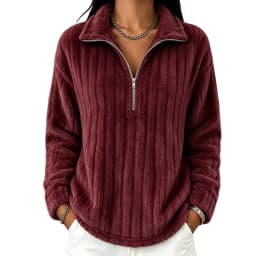 Women's Autumn Winter Turn Collar Ribbed Fleece-lined Warm Zip-up Long-sleeved Sweatshirt