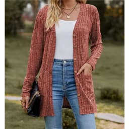 Autumn New Women's Milled Pit Stripe V-Neck Solid Colour Button Long Sleeve Ladies Casual Extensions Cardigan Jacket Coat