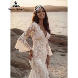 Boho Beach Mermaid Wedding Dress Brides Gown Elegant Lace Flared Long Sleeve High Slit vestido de novia boda 2026 Customized