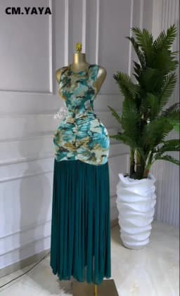 CM.YAYA Women Printed Ruched Stacked Sleeveless Long Maxi Dress 2026 Summer Evening Party Beach Vacation Sexy Dresses Vestido