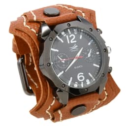 Men's Punk Rock Style Large Dial Quartz Watch Vintage Multi Layer Hand Stitched Cowhide Strap