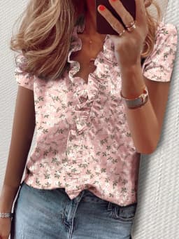 Casual Short Sleeve V Neck Ruffles Blouses Elegant Office Lady Shirts Summer Vintage Harajuku Loose Tops Female Boho Tunic