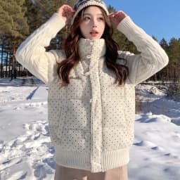Korean Polka Dot Knit Patchwork Corduroy Cotton Jacket for Women Winter Sweet Thick Puffer Jackets Woman Stand Collar Y2K Parkas