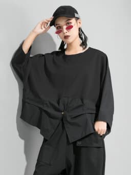 [EAM] Loose Fit Contrast Color Big Size Sweatshirt New Round Neck Long Sleeve Women Big Size Fashion Spring Autumn 2026 1D716