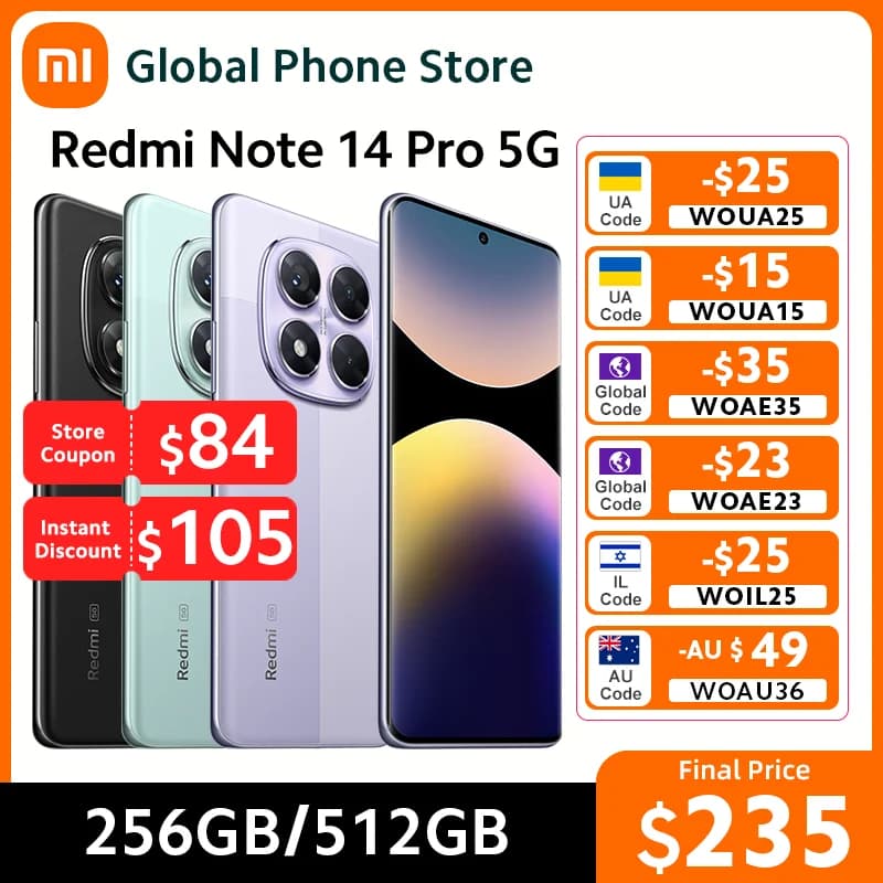 Global Version Redmi Note 14 Pro 5G Smartphone MediaTek Dimensity 7300-Ultra 200MP AI Camera 5110mAh 6.67" AMOLED 45W Charging