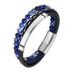 MingAo Charm Men Jewelry Natural Stone Multi-Layer Leather bracelet Black Stainless Steel Magnetic Clasp Tiger eye Bead Bracelet