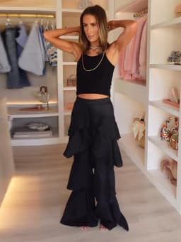 Chic Women's Solid Cascading Ruffles Flare Pants Chiffon High Waist Female Black Trousers 2026 Summer Lady All-match Trouser New