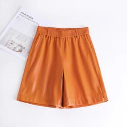Fashionable Stylish 100% Leather Five-Point Pants For Women Femme Elastic Waist Wide Leg Shorts With Pocket