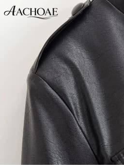 AACHOAE Women PU Leather Jacket Belted Waist Coat Stand Collar Button Front Long Sleeve Casual Vintage Faux Leather Outerwear