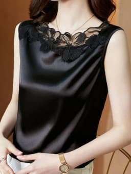plus Size Lace Trim Silk Vest Top Women's Base Shirt Suit Professional Inner Wear Summer Floral Versatile Outerwear Silk Sati...